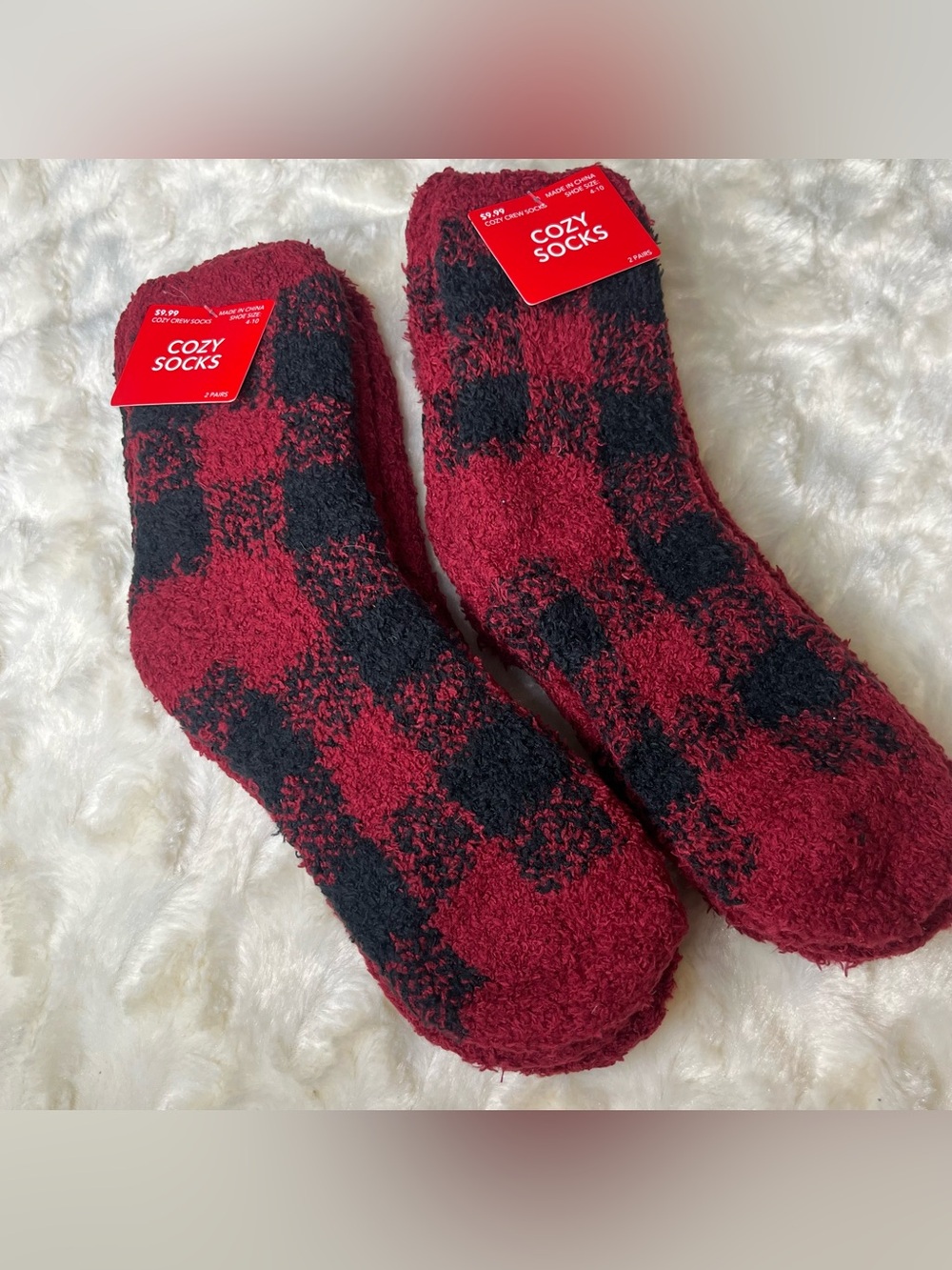4 Pairs Cozy Crew Socks Red Black Buffalo Plaid Shoe Size 4-10
